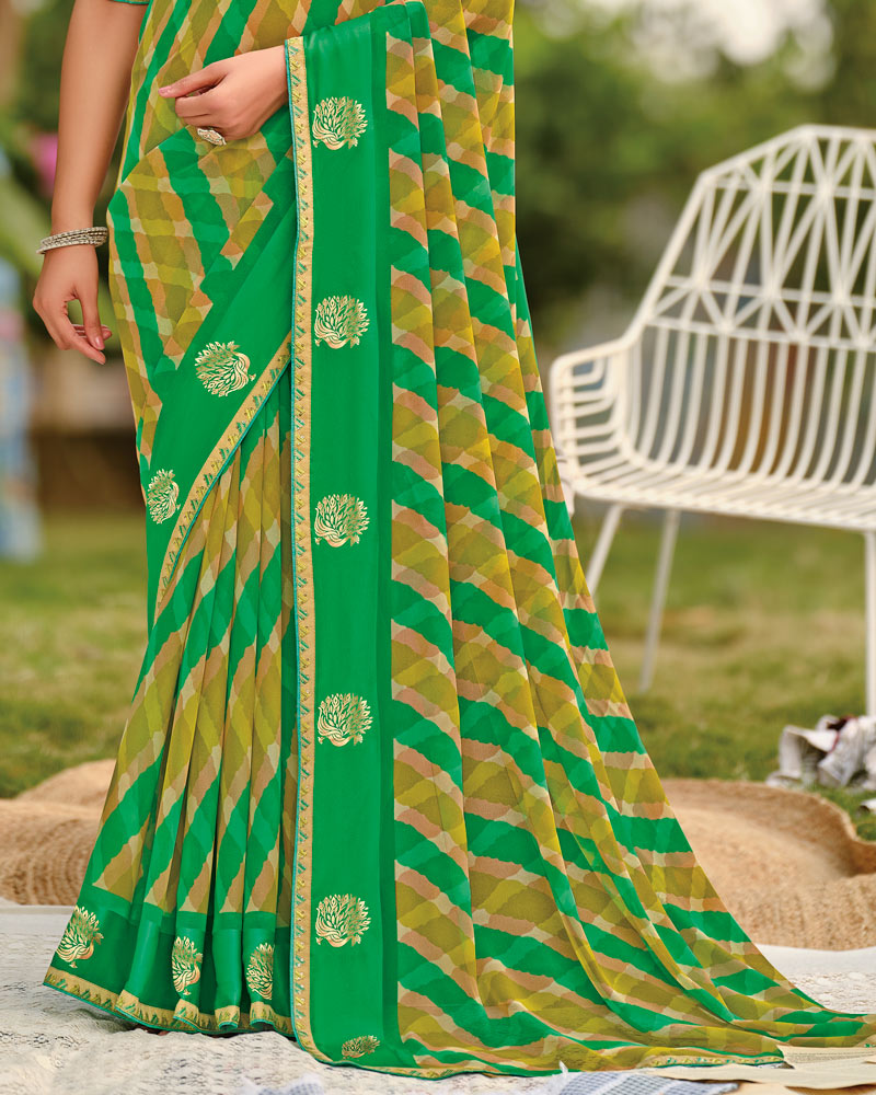 Vishal Prints Spring Green Printed Georgette Saree With Foil Print And Weaved Satin Patta With Border