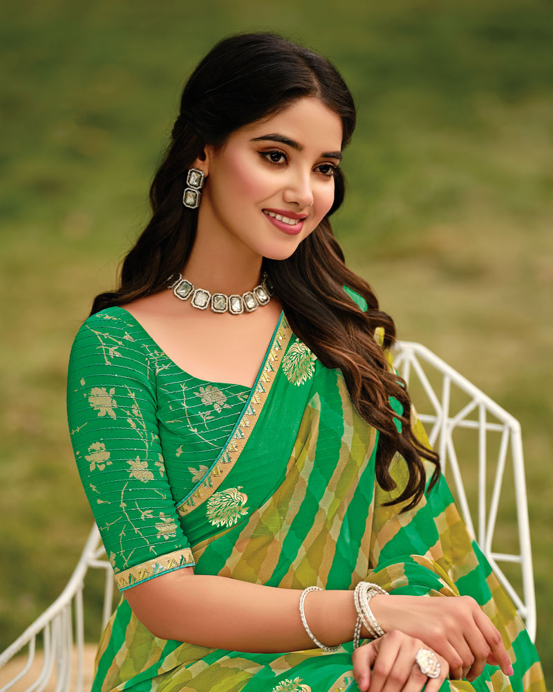 Vishal Prints Spring Green Printed Georgette Saree With Foil Print And Weaved Satin Patta With Border