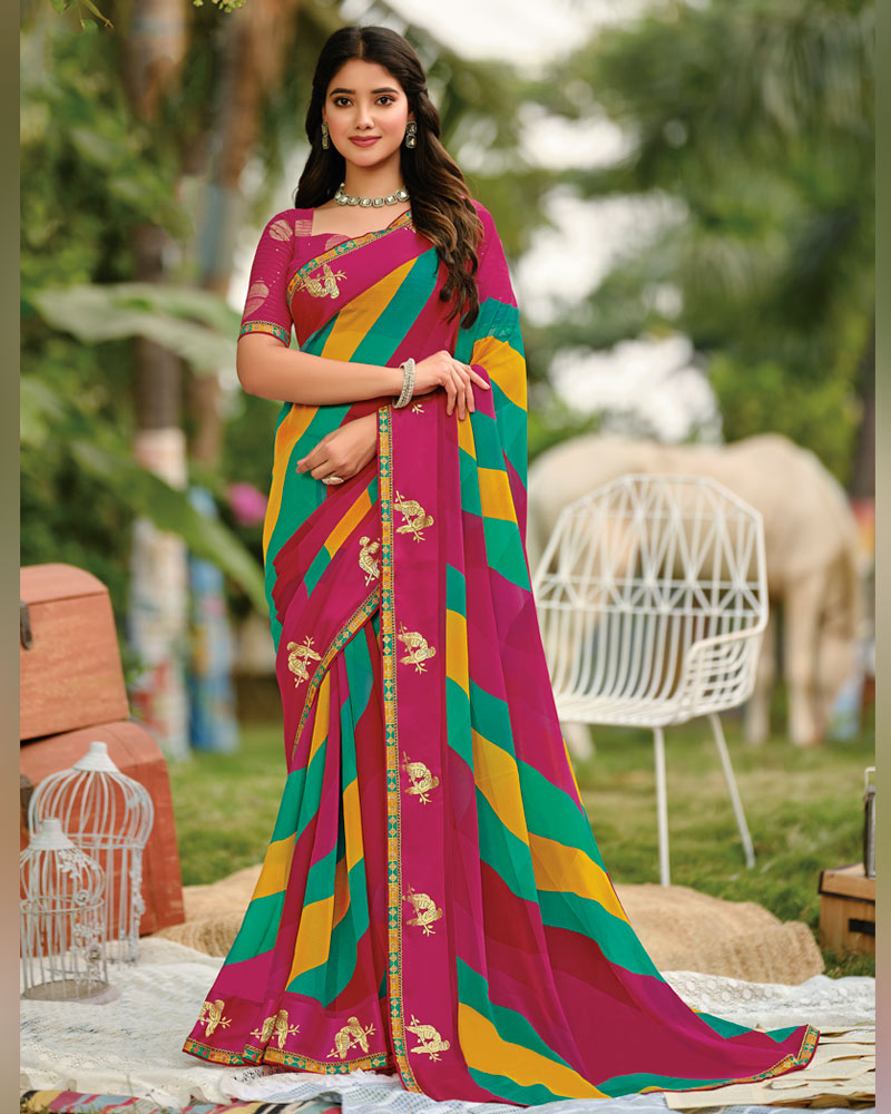 Vishal Prints Multicolor Printed Georgette Saree With Foil Print And Weaved Satin Patta With Border