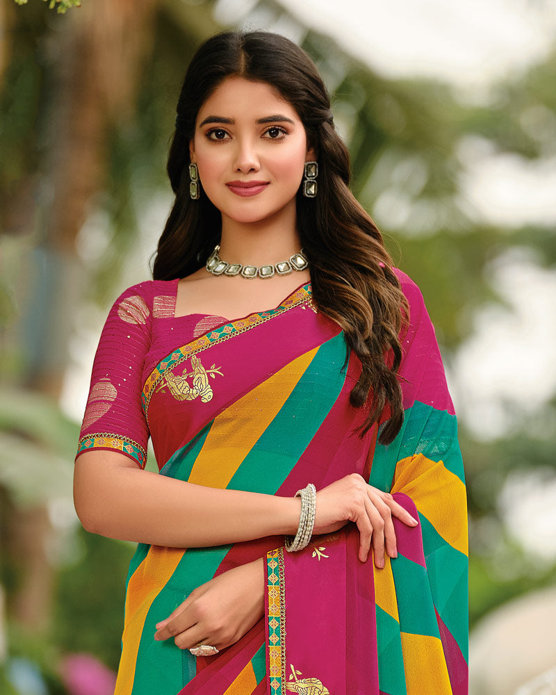 Vishal Prints Multicolor Printed Georgette Saree With Foil Print And Weaved Satin Patta With Border