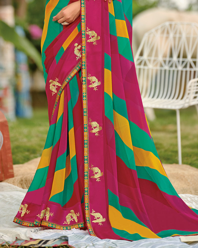 Vishal Prints Multicolor Printed Georgette Saree With Foil Print And Weaved Satin Patta With Border