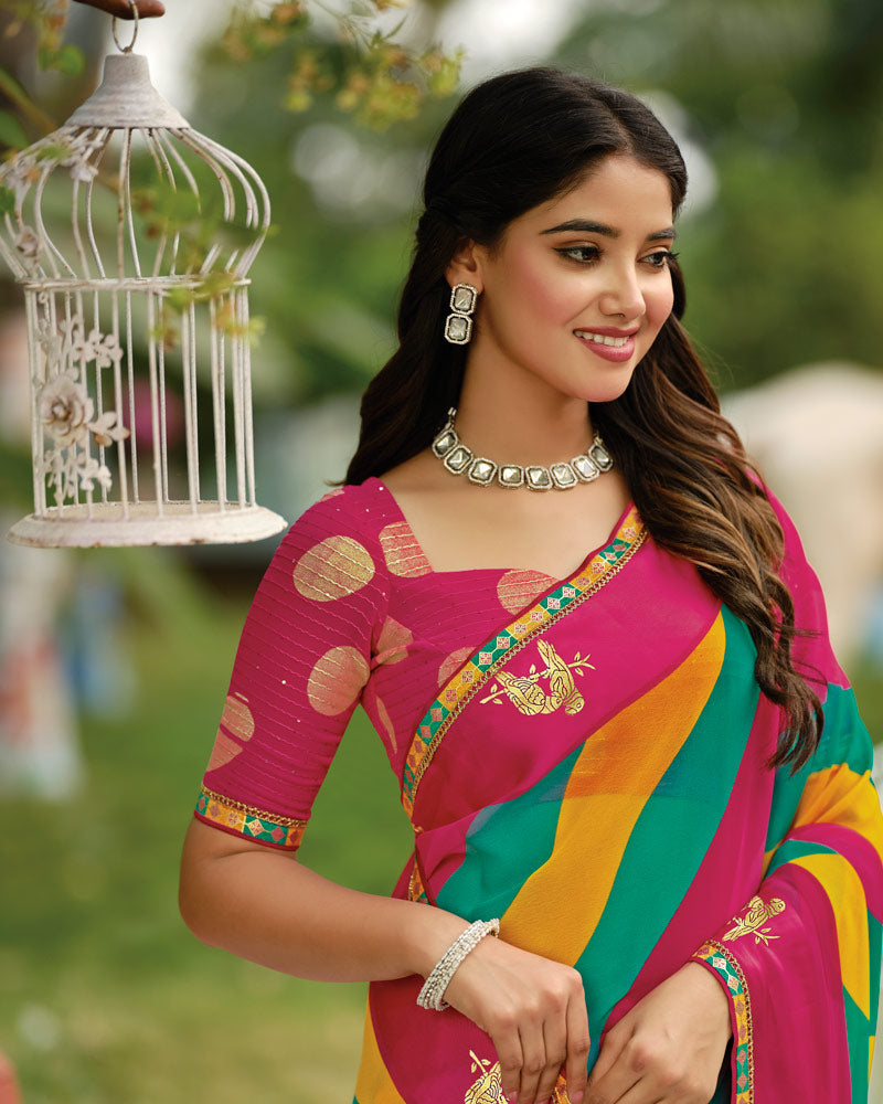 Vishal Prints Multicolor Printed Georgette Saree With Foil Print And Weaved Satin Patta With Border