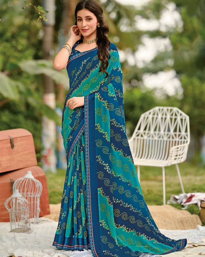 Vishal Prints Midnight Blue And Teal Green Printed Georgette Saree With Foil Print And Weaved Satin Patta With Border