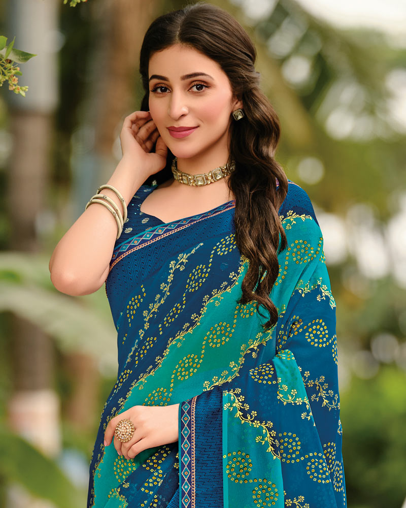 Vishal Prints Midnight Blue And Teal Green Printed Georgette Saree With Foil Print And Weaved Satin Patta With Border