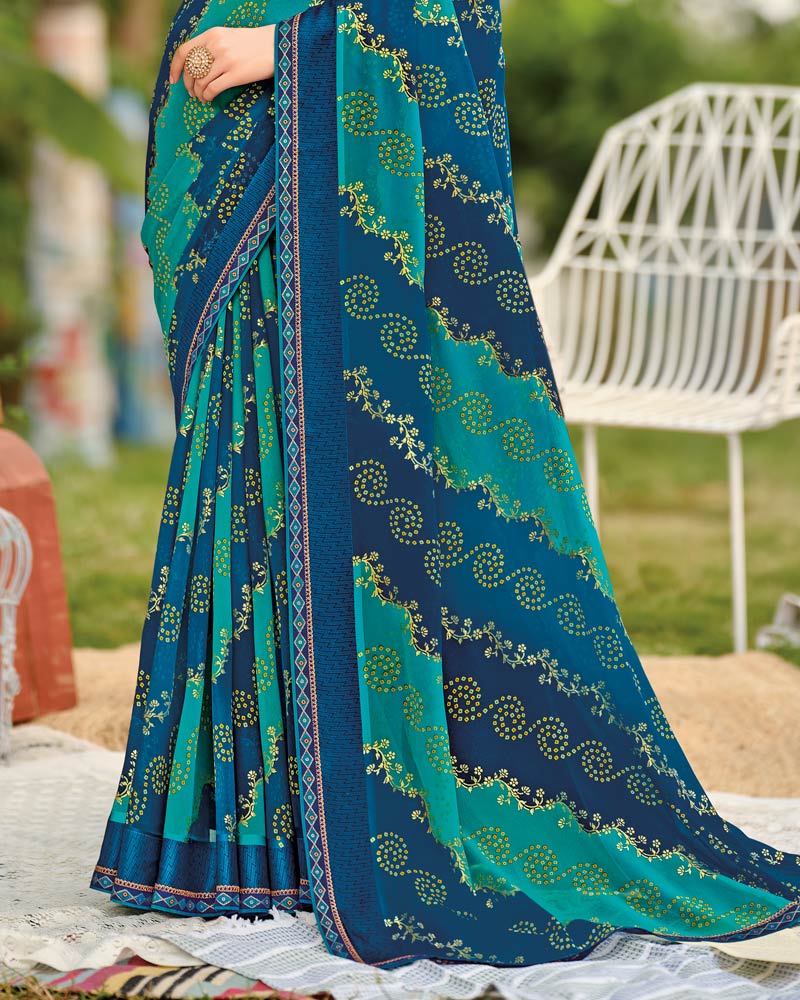 Vishal Prints Midnight Blue And Teal Green Printed Georgette Saree With Foil Print And Weaved Satin Patta With Border
