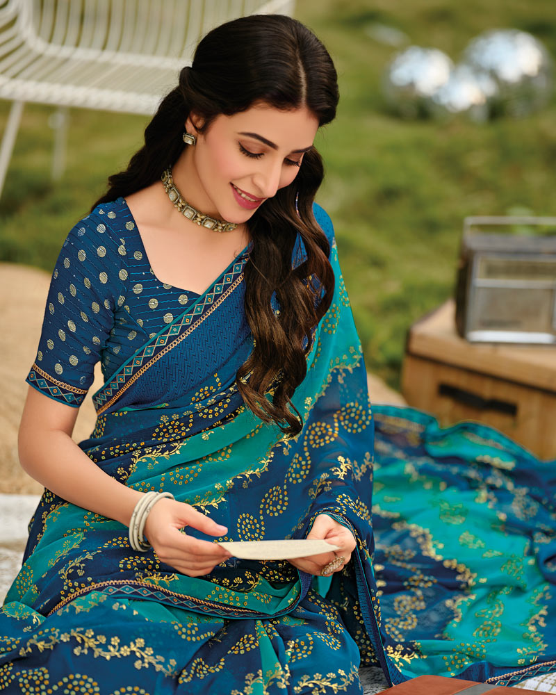 Vishal Prints Midnight Blue And Teal Green Printed Georgette Saree With Foil Print And Weaved Satin Patta With Border