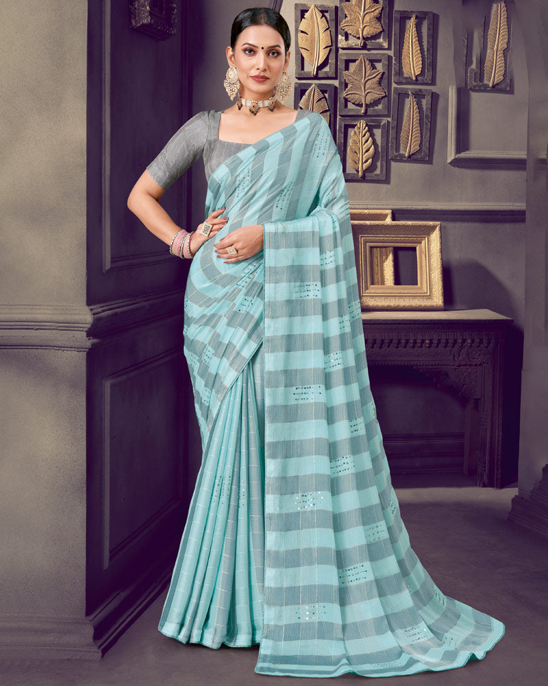 Vishal Prints Pastel Teal Green Patterned Chiffon Printed Saree With Diamond And Core Piping