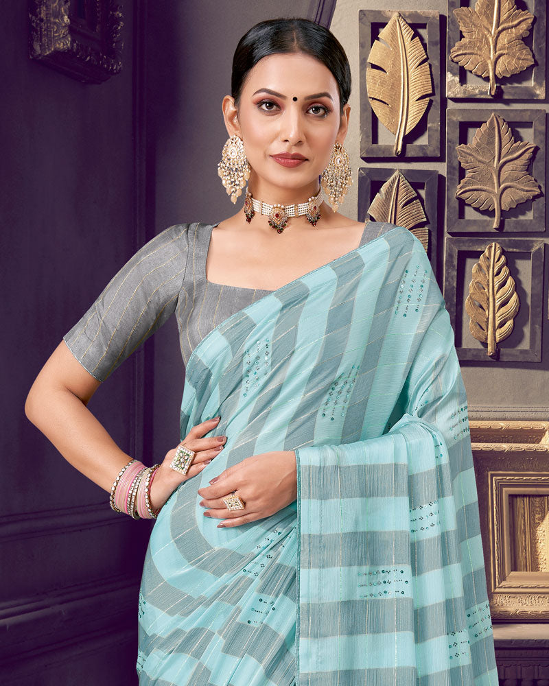 Vishal Prints Pastel Teal Green Patterned Chiffon Printed Saree With Diamond And Core Piping
