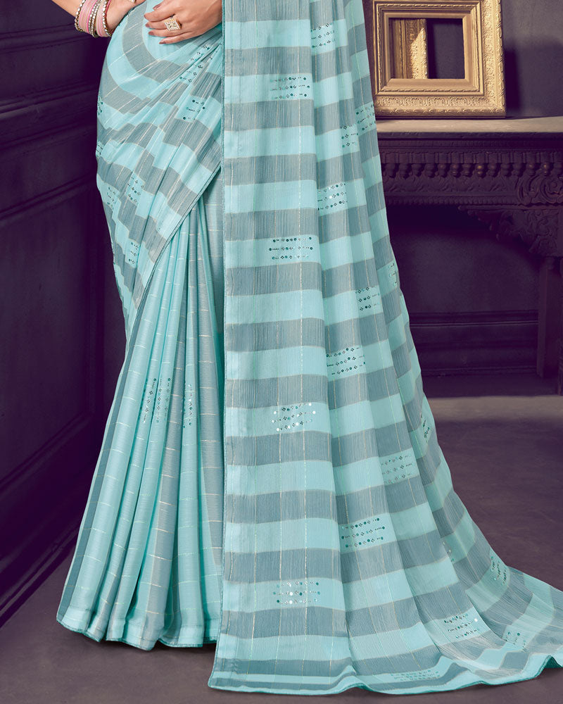Vishal Prints Pastel Teal Green Patterned Chiffon Printed Saree With Diamond And Core Piping