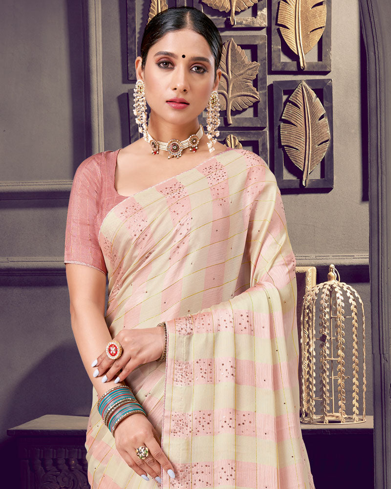 Vishal Prints Pastel Brown Patterned Chiffon Printed Saree With Diamond And Core Piping