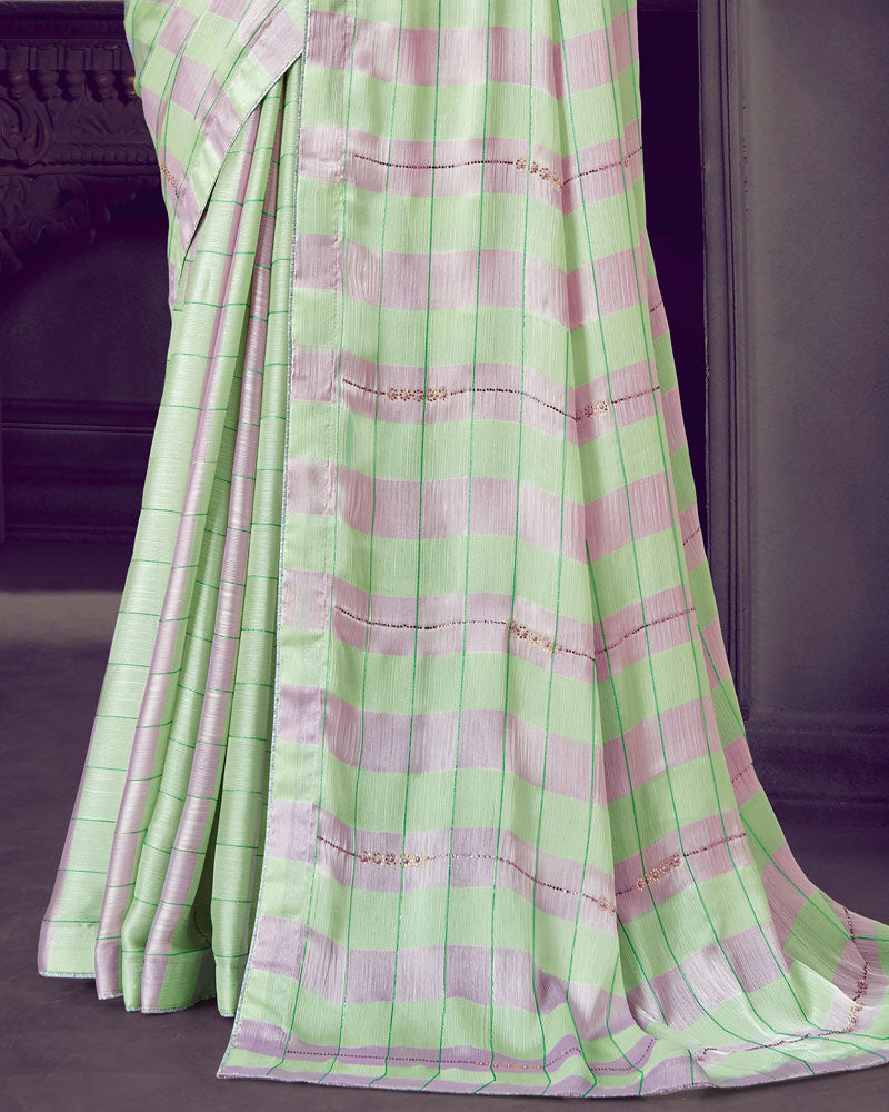 Vishal Prints Pastel Green Patterned Chiffon Printed Saree With Diamond And Core Piping