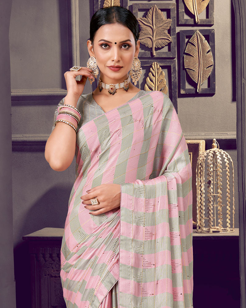 Vishal Prints Light Pink Patterned Chiffon Printed Saree With Diamond And Core Piping
