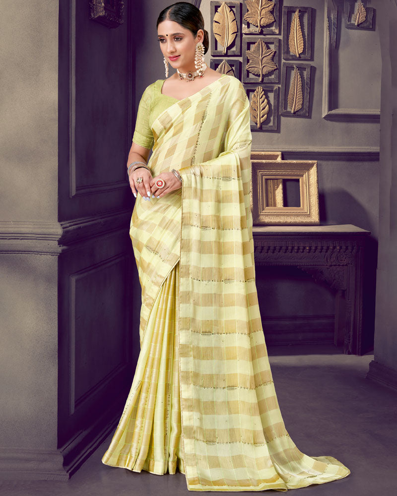 Vishal Prints Pastel Yellow Patterned Chiffon Printed Saree With Diamond And Core Piping