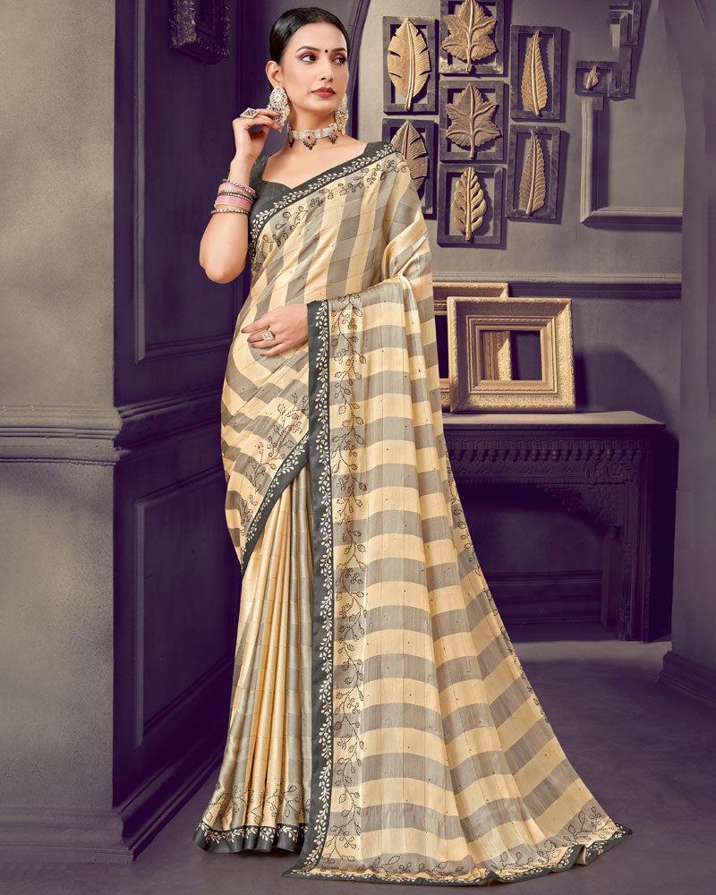 Vishal Prints Fawn Patterned Chiffon Printed Saree With Diamond And Core Piping