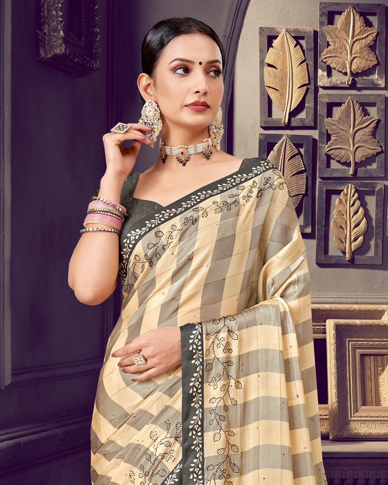 Vishal Prints Fawn Patterned Chiffon Printed Saree With Diamond And Core Piping