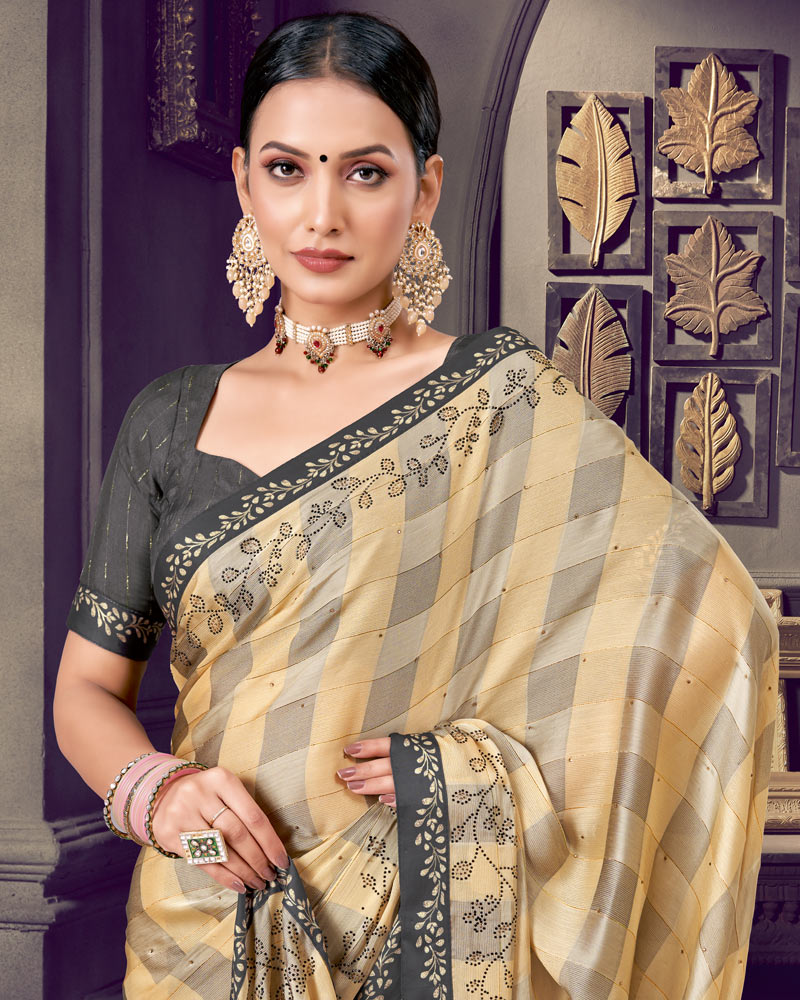 Vishal Prints Fawn Patterned Chiffon Printed Saree With Diamond And Core Piping