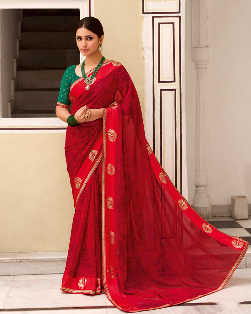 Vishal Prints Paprika Red Printed Georgette Saree With Foil Print And Satin Patta With Border