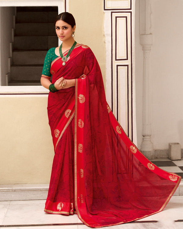Vishal Prints Paprika Red Printed Georgette Saree With Foil Print And Satin Patta With Border