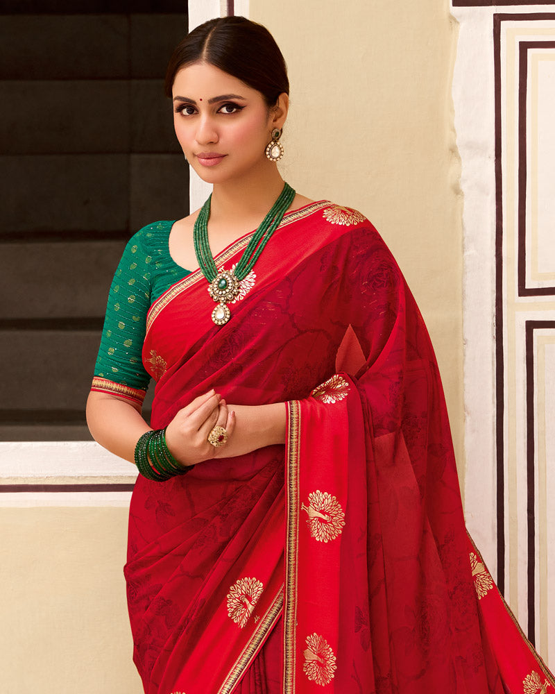 Vishal Prints Paprika Red Printed Georgette Saree With Foil Print And Satin Patta With Border