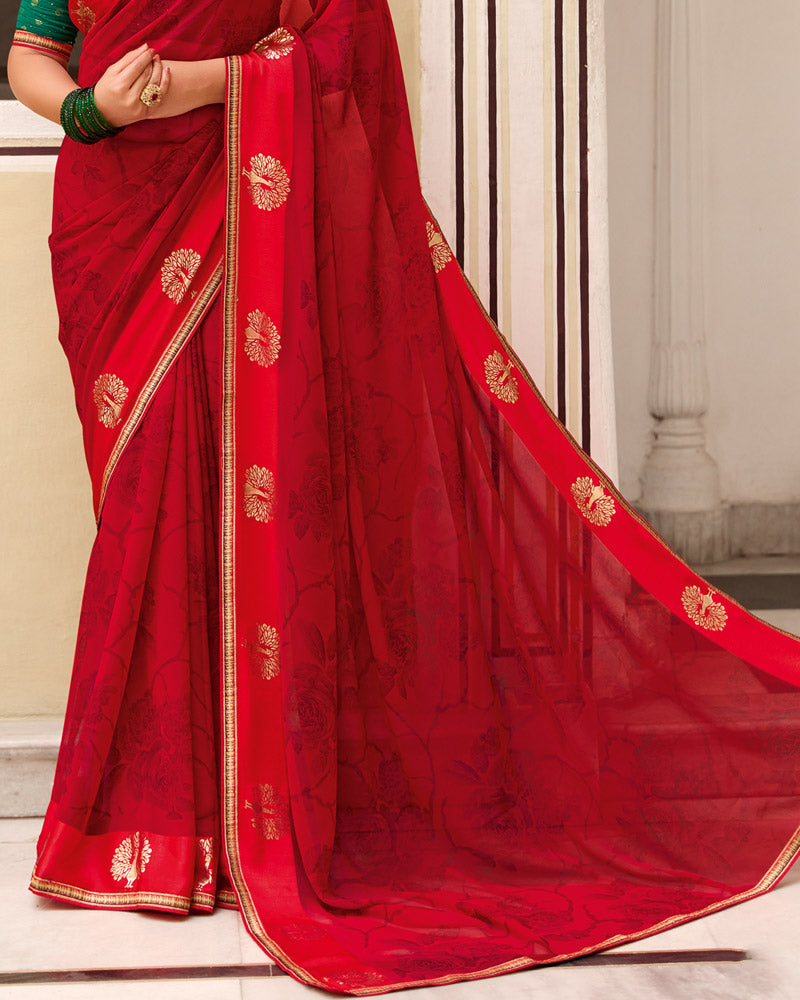 Vishal Prints Paprika Red Printed Georgette Saree With Foil Print And Satin Patta With Border