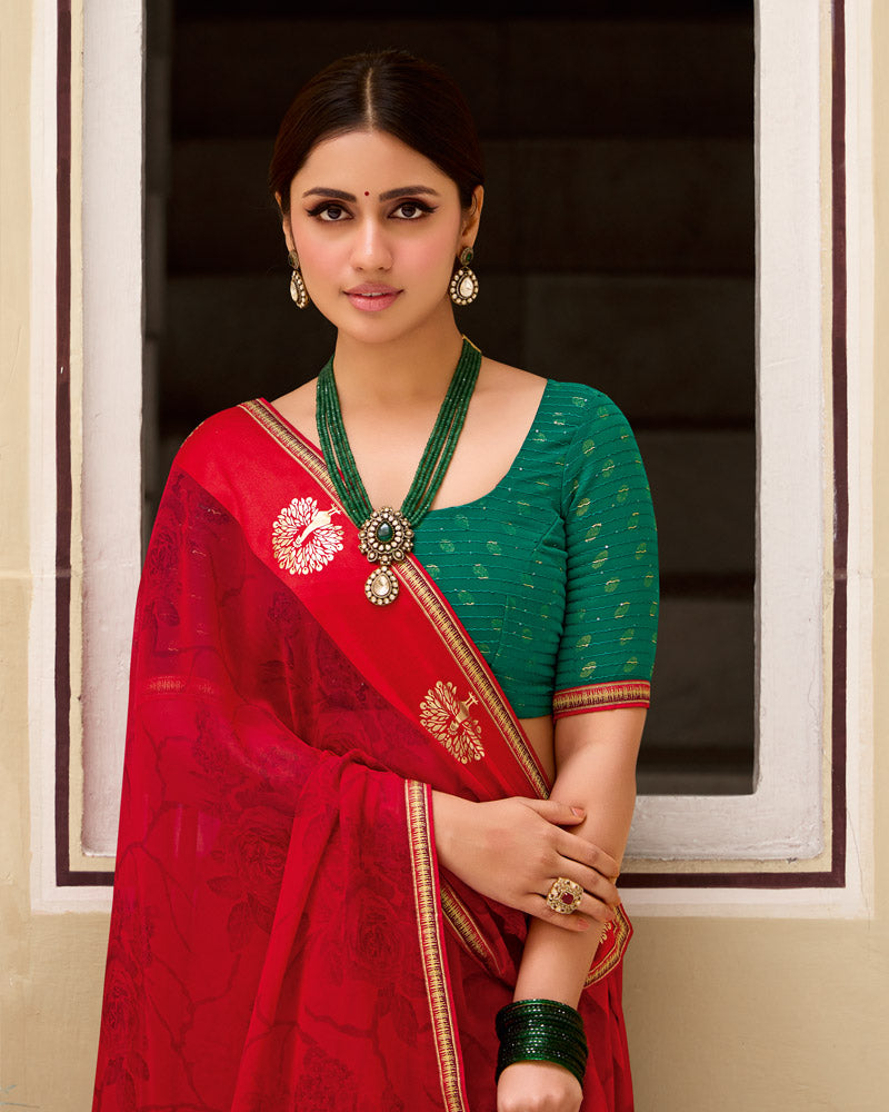 Vishal Prints Paprika Red Printed Georgette Saree With Foil Print And Satin Patta With Border