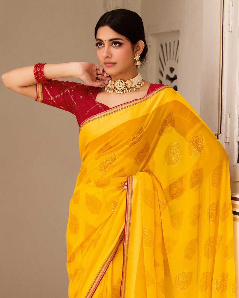 Vishal Prints Golden Yellow Printed Georgette Saree With Foil Print And Satin Patta With Border