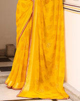Vishal Prints Golden Yellow Printed Georgette Saree With Foil Print And Satin Patta With Border