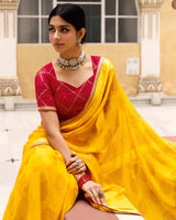 Vishal Prints Golden Yellow Printed Georgette Saree With Foil Print And Satin Patta With Border