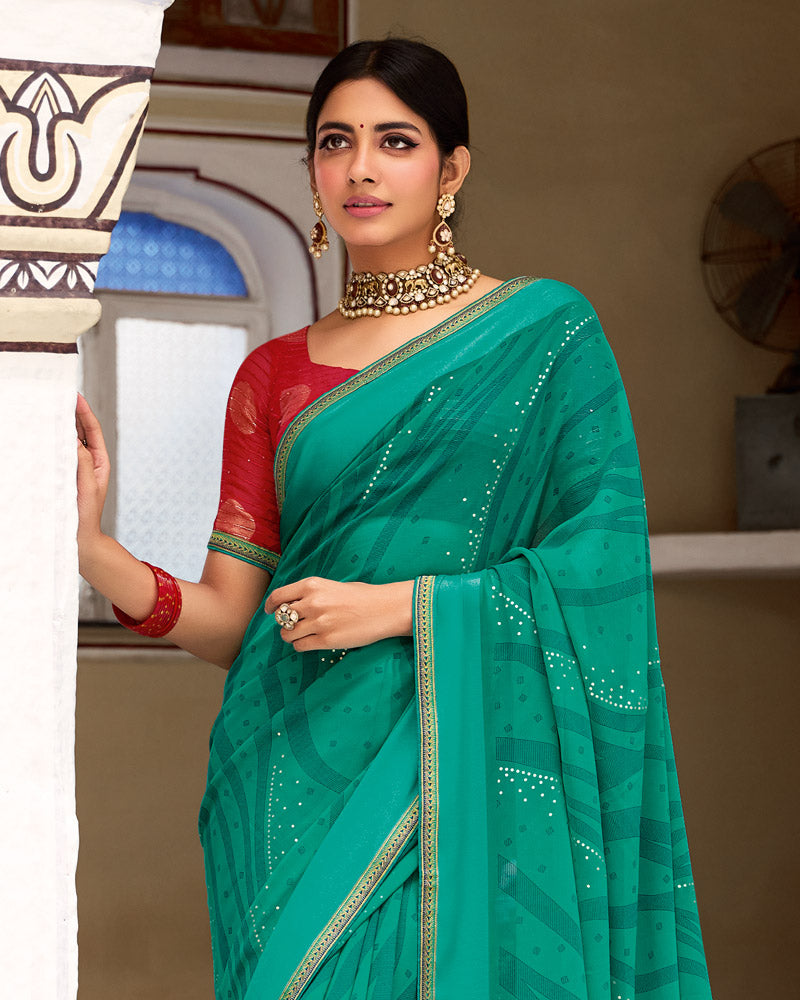 Vishal Prints Deep Sea Green Printed Georgette Saree With Foil Print And Satin Patta With Border