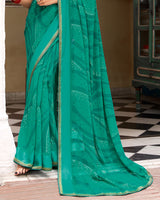 Vishal Prints Deep Sea Green Printed Georgette Saree With Foil Print And Satin Patta With Border