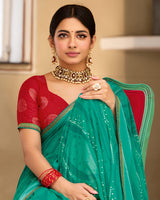 Vishal Prints Deep Sea Green Printed Georgette Saree With Foil Print And Satin Patta With Border