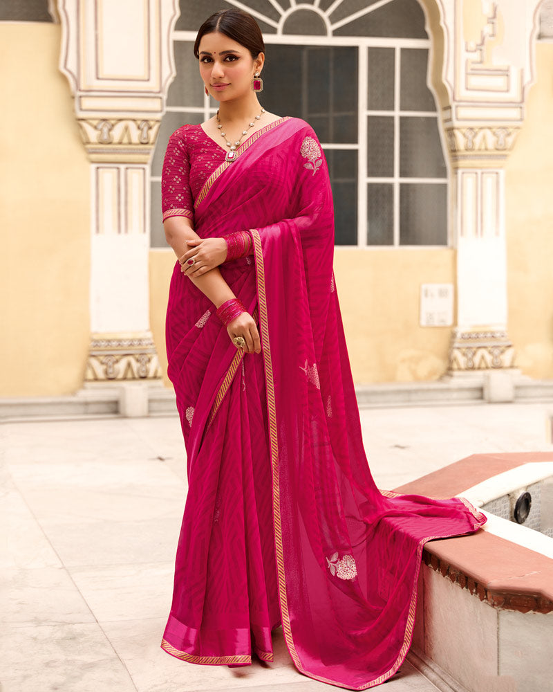 Vishal Prints Purple Red Printed Georgette Saree With Foil Print And Satin Patta With Border