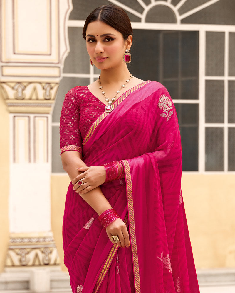 Vishal Prints Purple Red Printed Georgette Saree With Foil Print And Satin Patta With Border