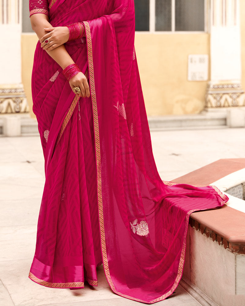 Vishal Prints Purple Red Printed Georgette Saree With Foil Print And Satin Patta With Border