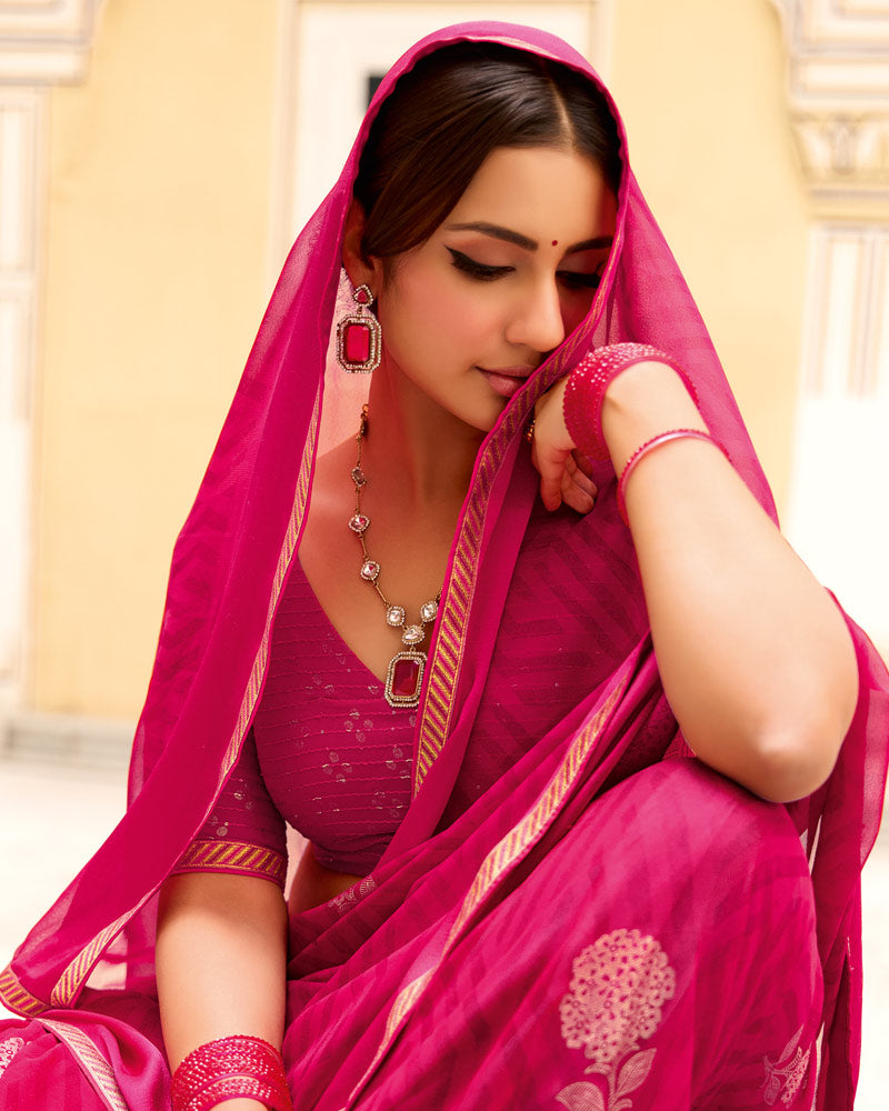 Vishal Prints Purple Red Printed Georgette Saree With Foil Print And Satin Patta With Border