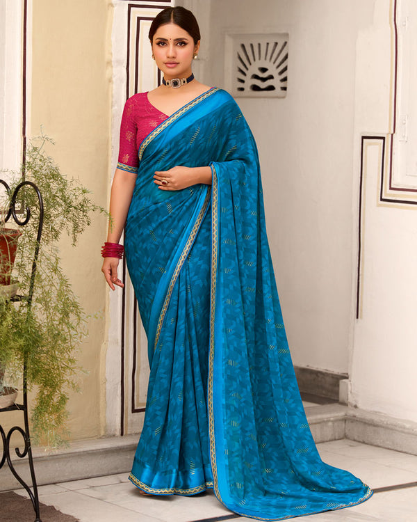 Vishal Prints French Blue Printed Georgette Saree With Foil Print And Satin Patta With Border