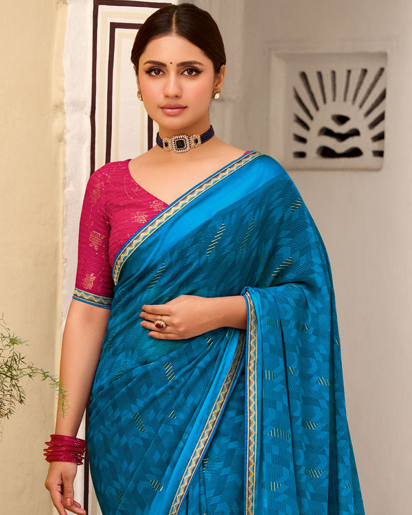 Vishal Prints French Blue Printed Georgette Saree With Foil Print And Satin Patta With Border