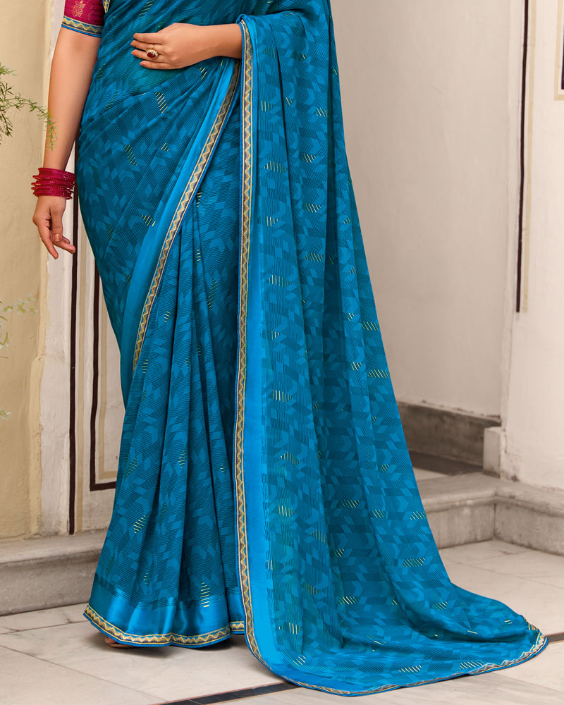Vishal Prints French Blue Printed Georgette Saree With Foil Print And Satin Patta With Border