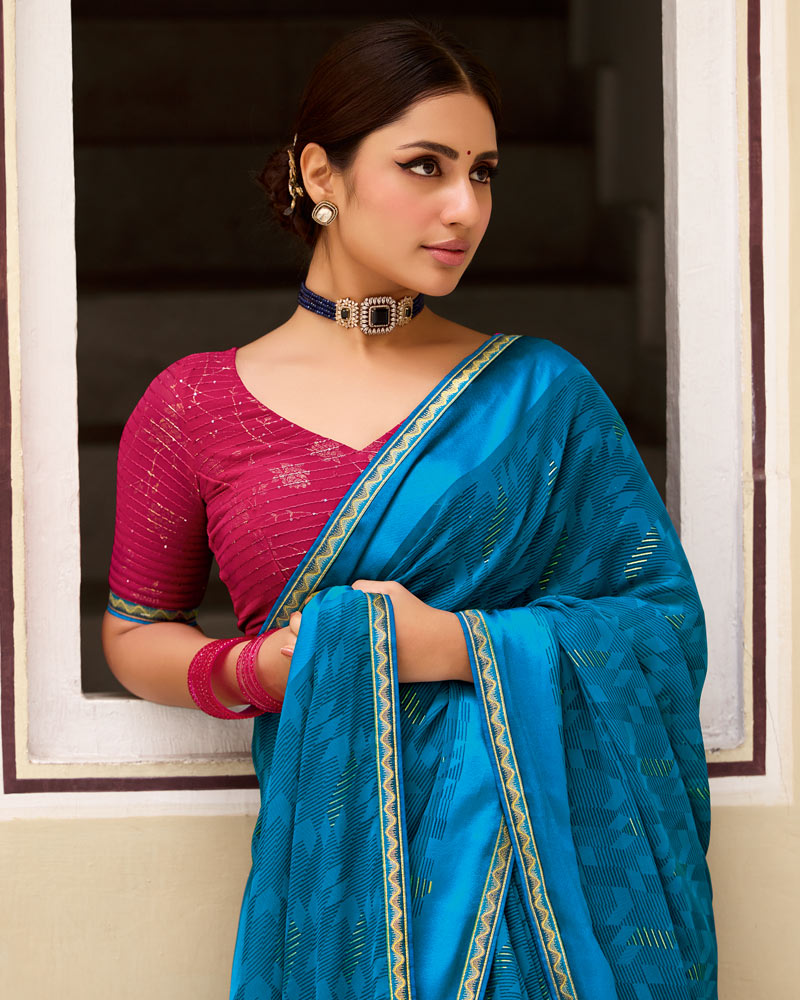 Vishal Prints French Blue Printed Georgette Saree With Foil Print And Satin Patta With Border