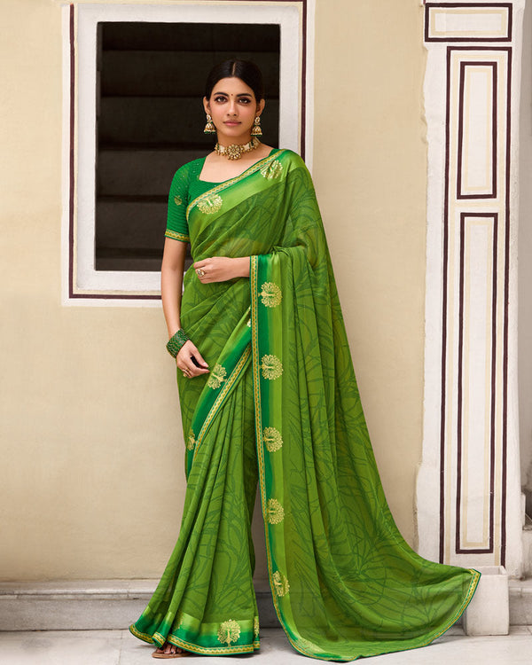 Vishal Prints Mehandi Green Printed Georgette Saree With Foil Print And Satin Patta With Border