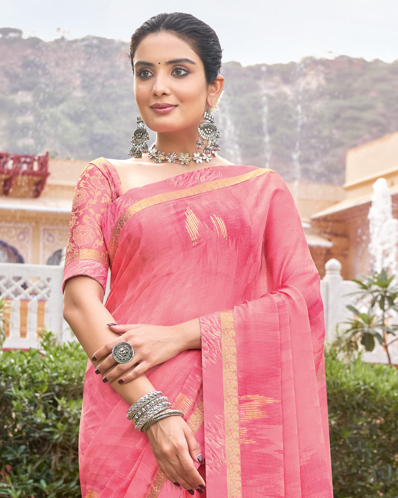 Vishal Prints Pink Printed Fancy Chiffon Saree With Foil Print And Border