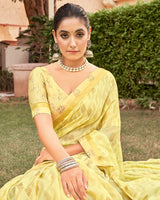 Vishal Prints Pastel Yellow Printed Fancy Chiffon Saree With Foil Print And Border
