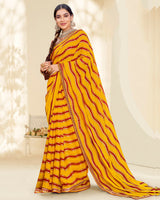 Vishal Prints Dark Yellow And Red Printed Fancy Chiffon Traditional Print Saree With Foil Print And Border