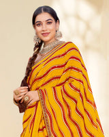 Vishal Prints Dark Yellow And Red Printed Fancy Chiffon Traditional Print Saree With Foil Print And Border
