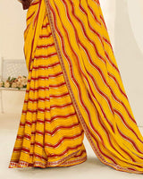 Vishal Prints Dark Yellow And Red Printed Fancy Chiffon Traditional Print Saree With Foil Print And Border