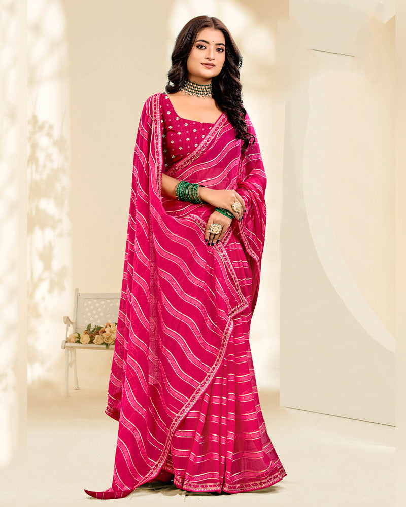 Vishal Prints Rosy Pink And Purplish Red Printed Fancy Chiffon Traditional Print Saree With Foil Print And Border