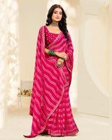 Vishal Prints Rosy Pink And Purplish Red Printed Fancy Chiffon Traditional Print Saree With Foil Print And Border