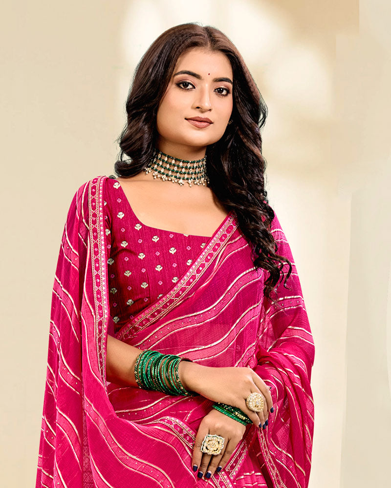 Vishal Prints Rosy Pink And Purplish Red Printed Fancy Chiffon Traditional Print Saree With Foil Print And Border