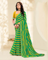 Vishal Prints Dark Spring Green And Yellow Printed Fancy Chiffon Traditional Print Saree With Foil Print And Border
