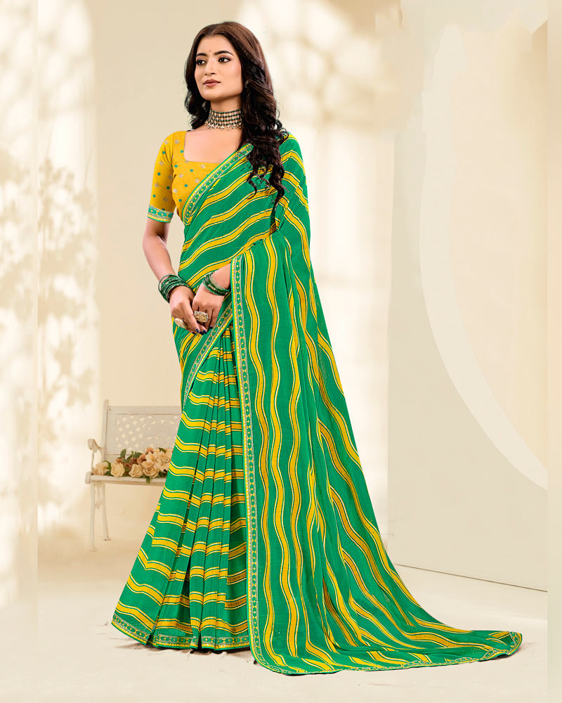Vishal Prints Dark Spring Green And Yellow Printed Fancy Chiffon Traditional Print Saree With Foil Print And Border